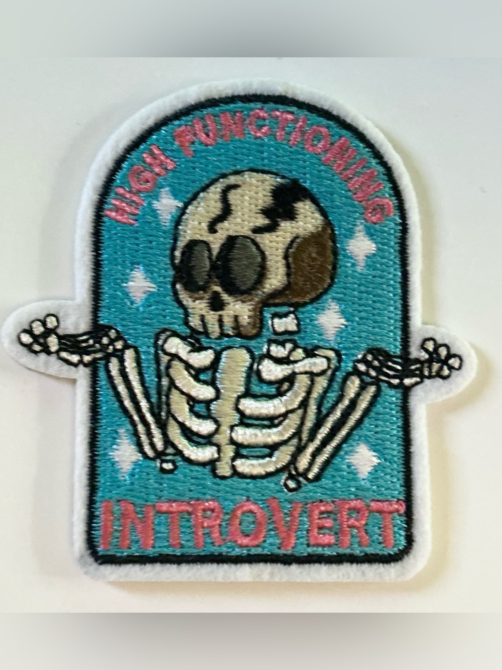 IRON OR SEW ON EMBROIDERED PATCH SKELETON HIGH FUNCTIONING INTROVERT